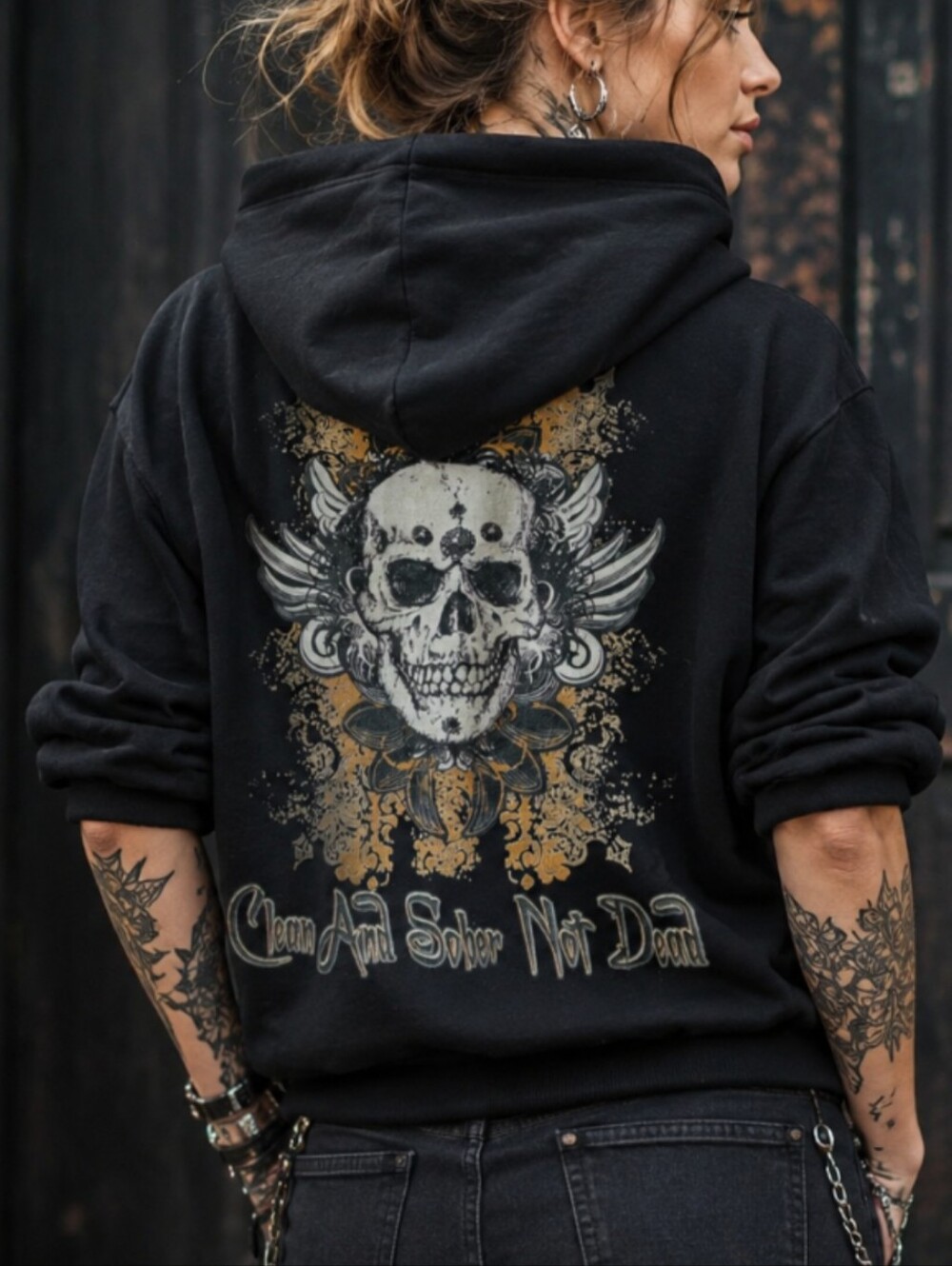 Clean and Sober Not Dead Skull Graphic Hoodie XL Black Recovery Sweatshirt